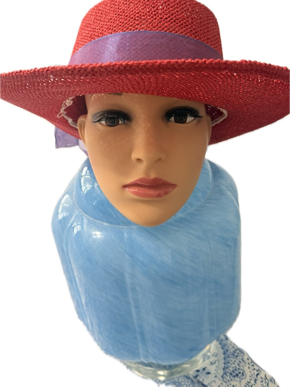 Women's Red Wide-Brim Straw Hat with Purple Ribbon